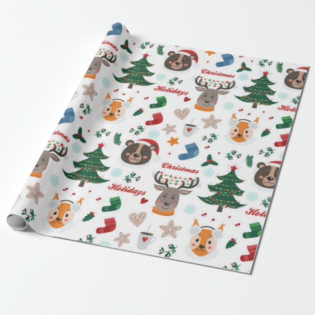 Papier Cadeau Les mignons animaux Motif de Noël (Déroulé)