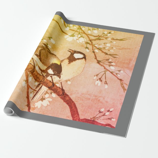 PAPIER CADEAU LES OISEAUX JAPONAIS SUR LE BLOSSOM DE LA CHERRIE (Déroulé)