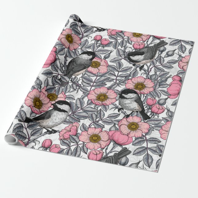 Papier Cadeau Les poulets dans la nature rose, rose et gris (Déroulé)