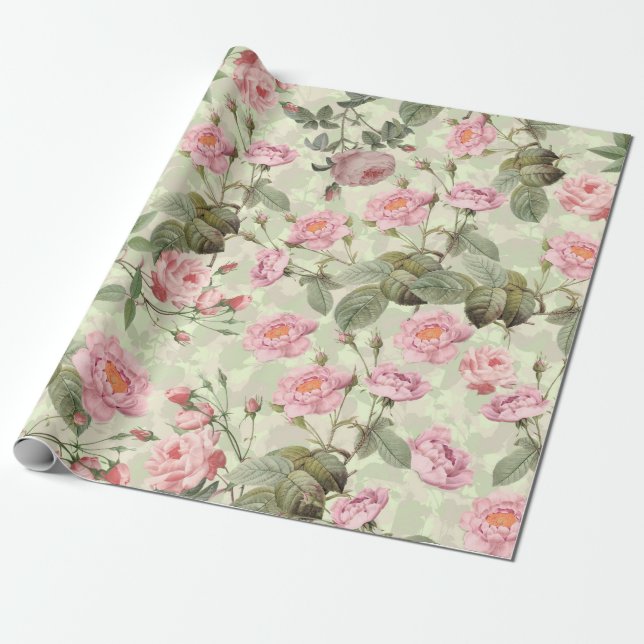Papier Cadeau Les Roses de Blush Antique Redouté sur le motif ve (Déroulé)