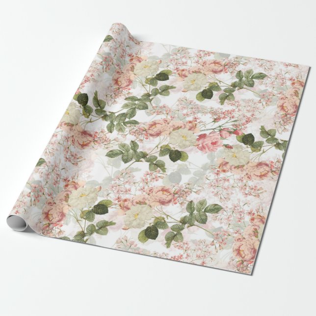 Papier Cadeau Les Roses de Blush Antique Redouté sur un motif bl (Déroulé)