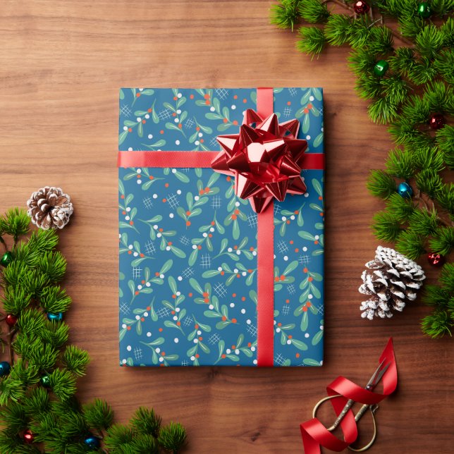 Papier Cadeau Les verts de Noël avec baies Holly Bleu Rouge Blan (Cadeau de vacances)
