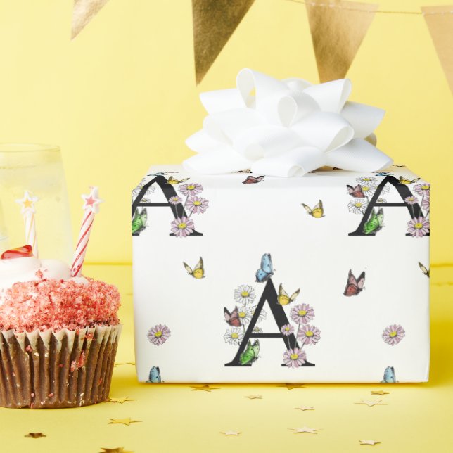 Papier Cadeau Lettre A Papillon Floral Monogramme Aquarelle     (Fête d'anniversaire)