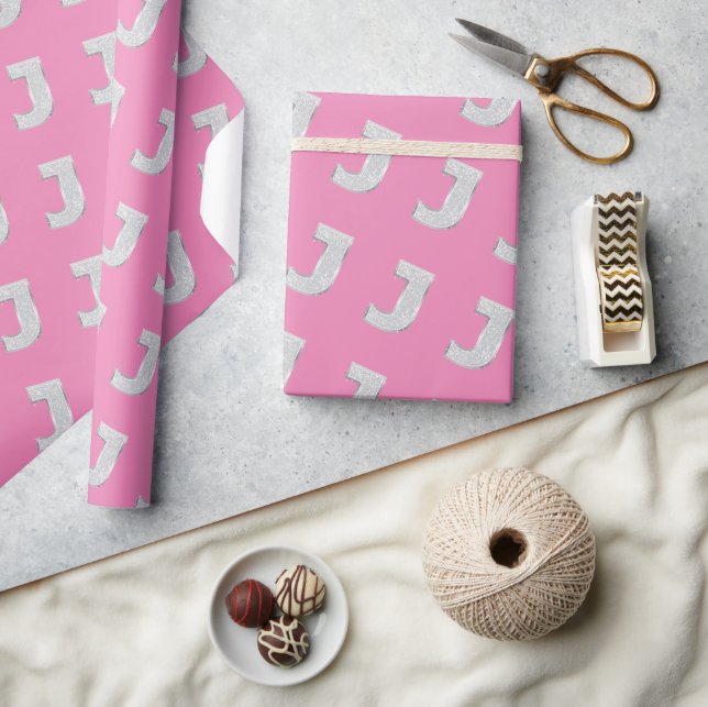 PAPIER CADEAU LETTRE ARGENT ROSE J (Artisanat)