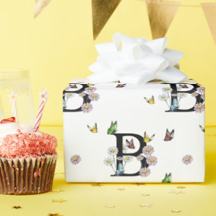 Papier Cadeau Lettre B Floral Aquarelle Papillon Monogramme