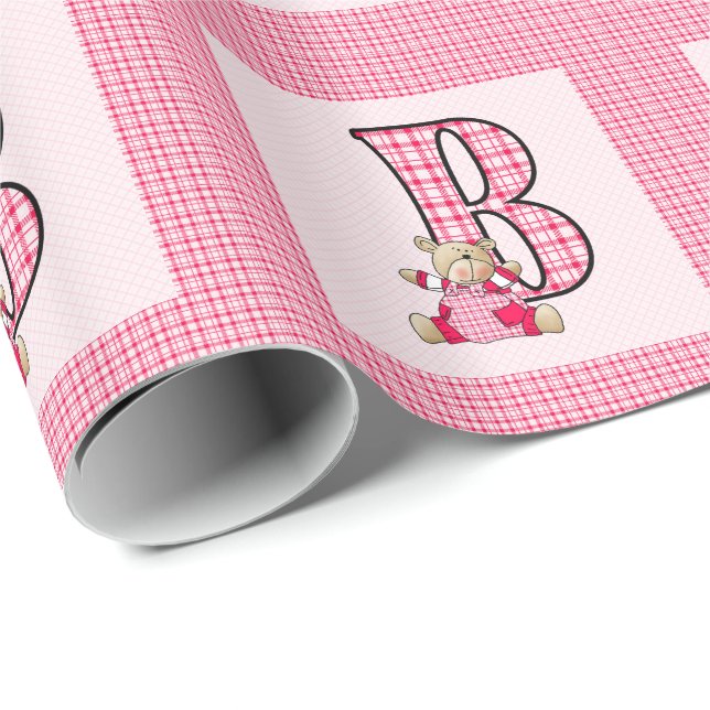 Papier Cadeau LETTRE FILLE 'B' AVEC Ours Teddy et En vichy rose (Coin rond)