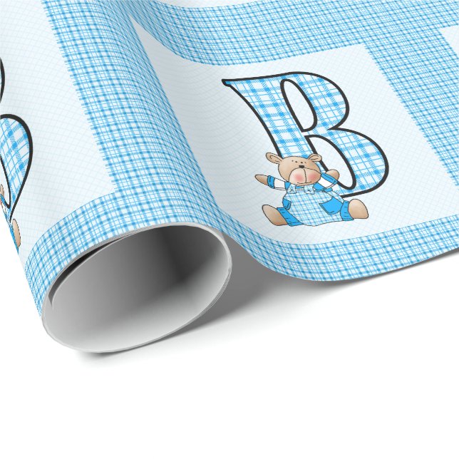 Papier Cadeau Lettre garçon 'B' avec ours en peluche et En vichy (Coin rond)