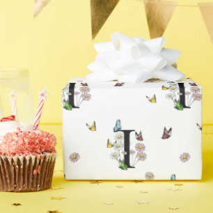 Papier Cadeau Lettre I Floral Aquarelle Papillon Monogramme