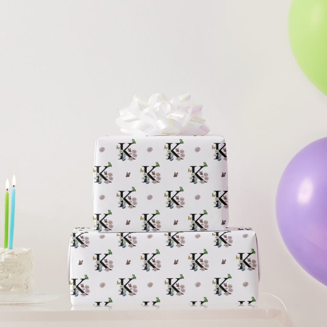 Papier Cadeau Lettre K Floral Aquarelle Papillon Monogramme (Cadeaux de fête)