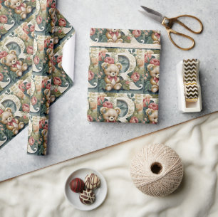 Papier Cadeau Lettre R en ours en peluche floral
