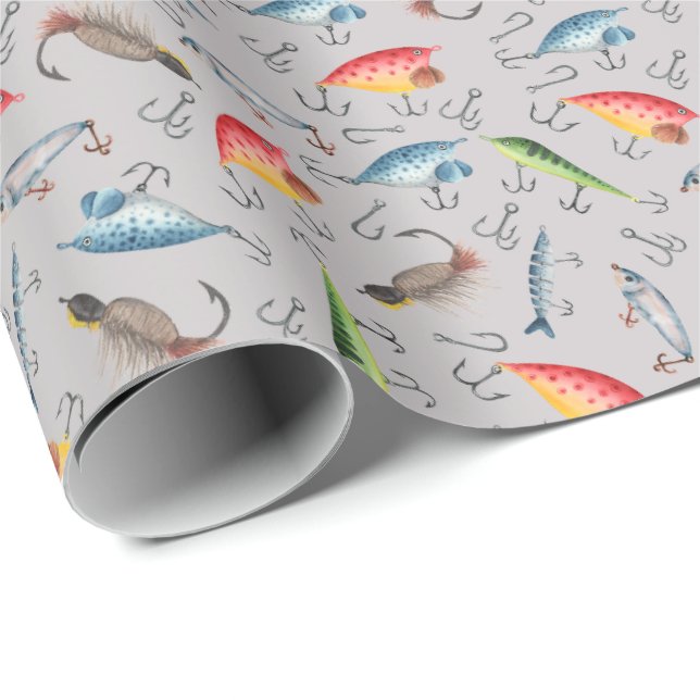Papier Cadeau leurres de pêche au gris clair (Coin rond)