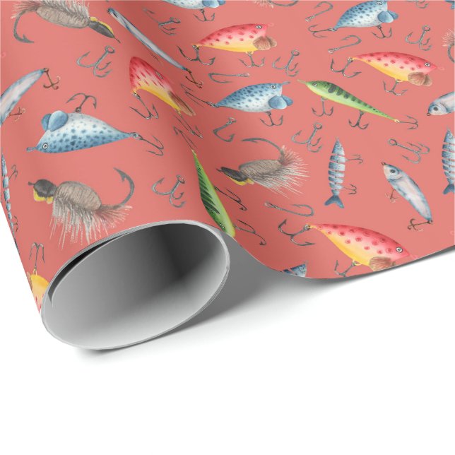 Papier Cadeau leurres de pêche sur le corail foncé rose (Coin rond)