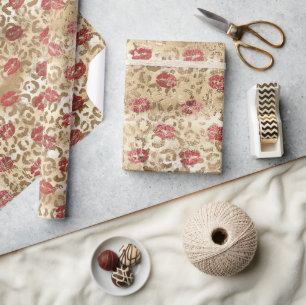 Papier Cadeau Lèvres rouges léopards à la crème dorée