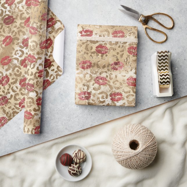 Papier Cadeau Lèvres rouges léopards à la crème dorée (Artisanat)