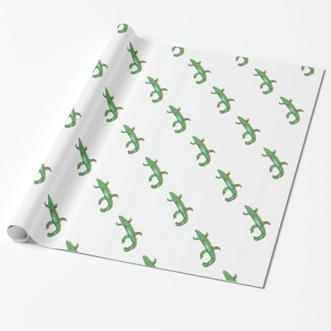 Papier Cadeau lézards verts sur papier blanc (Déroulé)