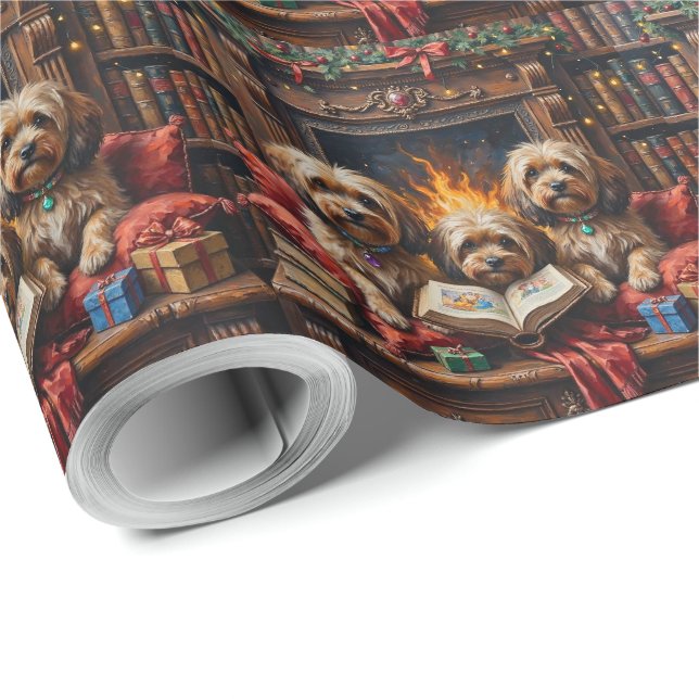 Papier Cadeau Lhasa Apso Christmas Bookshelf Nook Holiday (Coin rond)