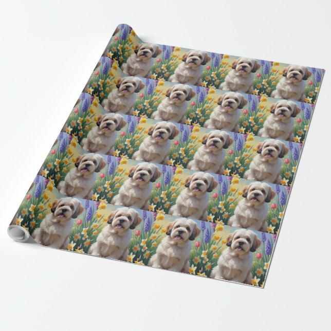 Papier Cadeau Lhassa Apso Dog Fleurs de printemps Peinture (Déroulé)