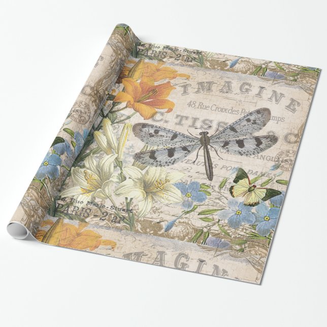 Papier Cadeau libellule française vintage moderne (Déroulé)