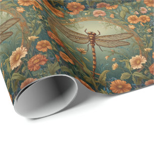 Papier Cadeau Libellule verte de printemps élégante Art Nouveau