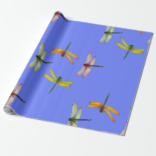 PAPIER CADEAU LIBELLULES COLORÉES SUR LE BLEU