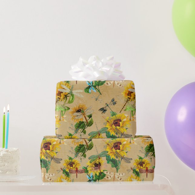Papier Cadeau Libellules et Tournesols Jaune Vert Beige (Cadeaux de fête)