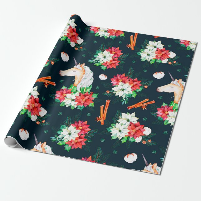 Papier Cadeau licorne de Noël et motif poinsettia (Déroulé)