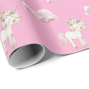 Papier Cadeau Licorne Fleur Rose Nuage Anniversaire