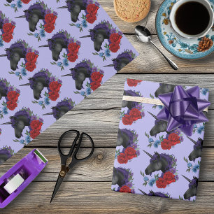 Papier Cadeau Licorne noire fleurs de jardin de minuit violet