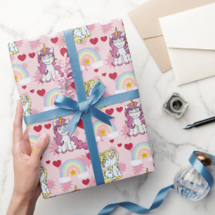 Papier Cadeau Licornes, Arcs-en-ciel et Motif de Cœurs