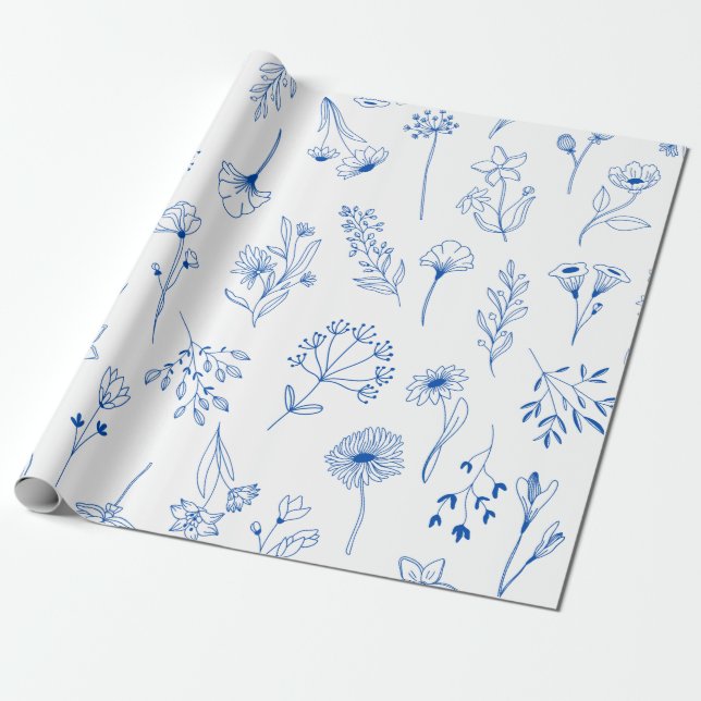 Papier Cadeau Ligne Bleue Art Jardin Mixte Croquis Fleurs (Déroulé)