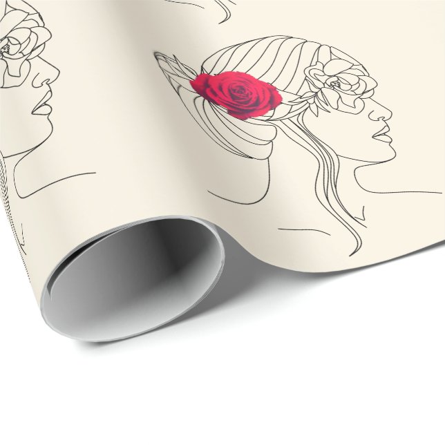 Papier Cadeau Ligne continue femme avec Rose rouge sur les cheve (Coin rond)