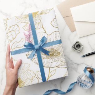Papier Cadeau Ligne Fleur Or Chic Motif Floral Blanc