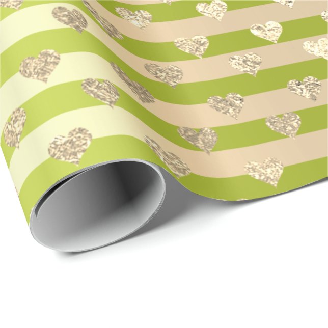 Papier Cadeau Lignes de bandes Coeurs Champaigne Gold Lime Green (Coin rond)