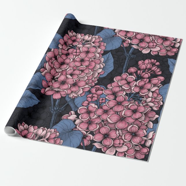 Papier Cadeau Lilac rose sur bleu foncé (Déroulé)