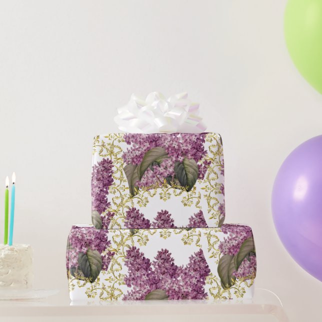 Papier Cadeau Lilacs élégants avec Filigree Or Floral (Cadeaux de fête)