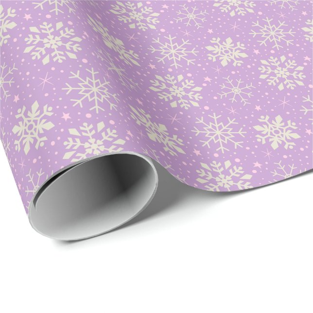 Papier Cadeau Lilas de Noël et motif rose de flocon de neige (Coin rond)