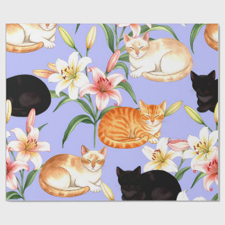 Papier Cadeau Lilies & Naps – Chats au repos en fleurs