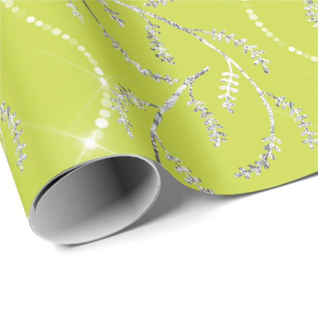 Papier Cadeau Limon jaune Laurel Floral Diamants d'argent (Coin rond)