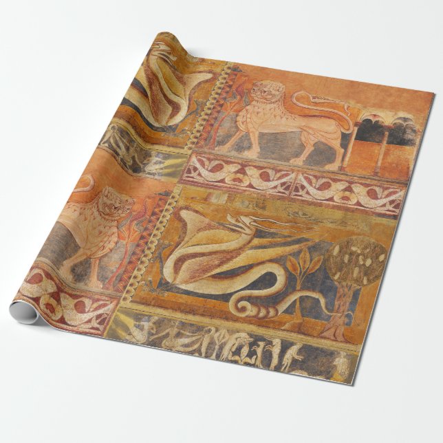 Papier Cadeau LION ET DRAGON Fresque médiévale en orange jaune (Déroulé)