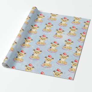 Papier Cadeau Lion personnalisé 1er Noël bébé garçon bleu 