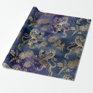 Papier Cadeau Lions d'or et fleurs en violet