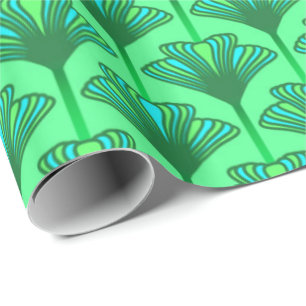 Papier Cadeau Lis d'art déco, vert de jade et turquoise