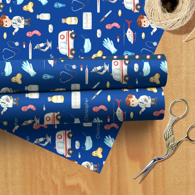 Papier Cadeau Little Boy Doctor Motif Médicale avec nom, bleu (Créateur téléchargé)