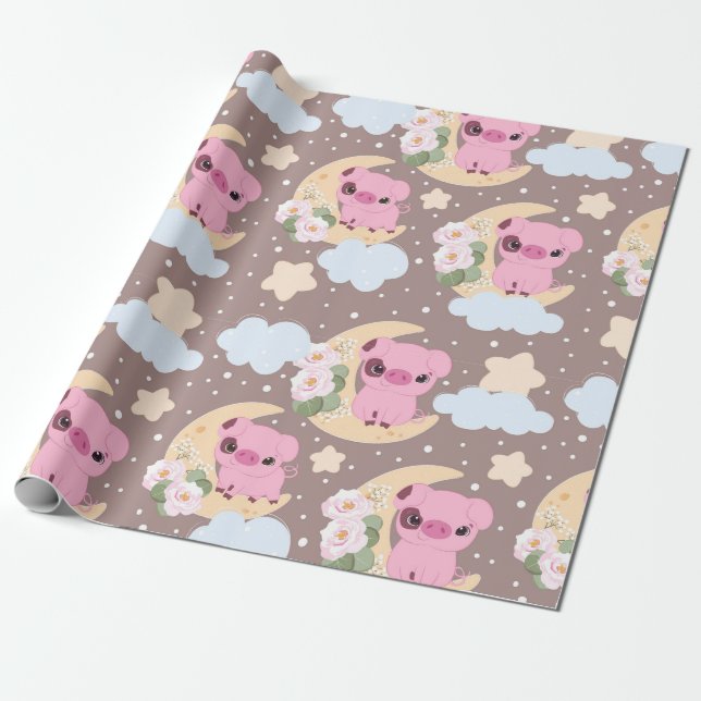 Papier Cadeau Little Piggy Et Le Motif Lune (Déroulé)