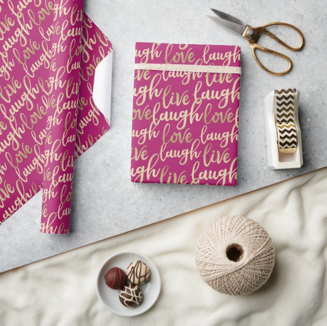 Papier Cadeau Live Laugh Love Faux Gold Letting Magenta (Artisanat)