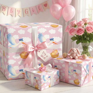 Papier Cadeau Livraison de la cigogne Bébé Fille Enveloppement P