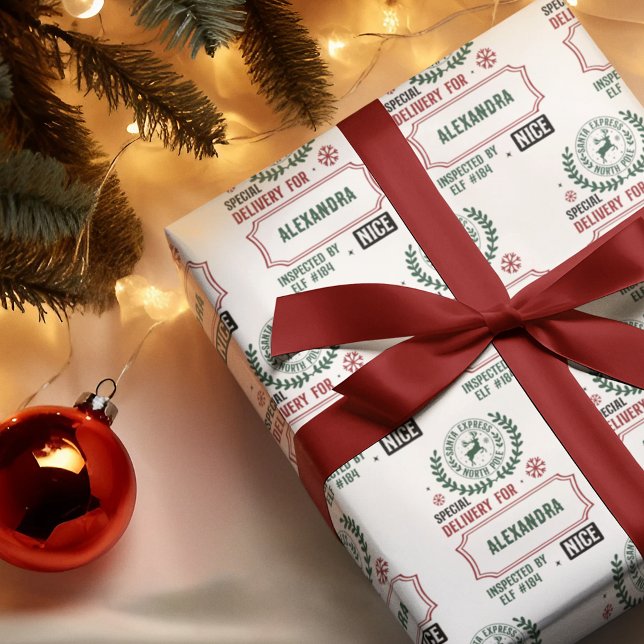 Papier Cadeau Livraison de Père Noël pour (Nom personnalisé) Noë (Cute personalized Special Delivery from Santa wrapping paper.)