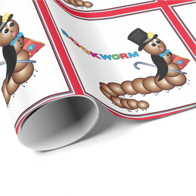 Papier Cadeau Livre Worm en Top Hat, Cane et Livre (Coin rond)