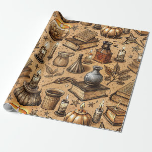 Papier Cadeau Livres & Bougies de Sorcellerie Vintage Motif