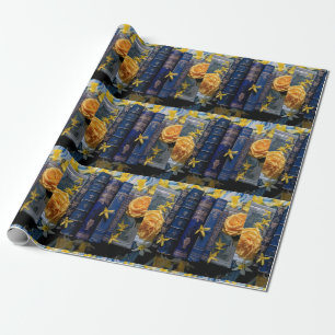 Papier Cadeau Livres et fleurs (bleu et jaune)